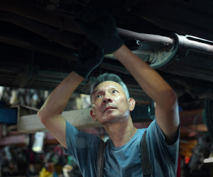 An Asian male in a garage working on the underbody of a lifted car.